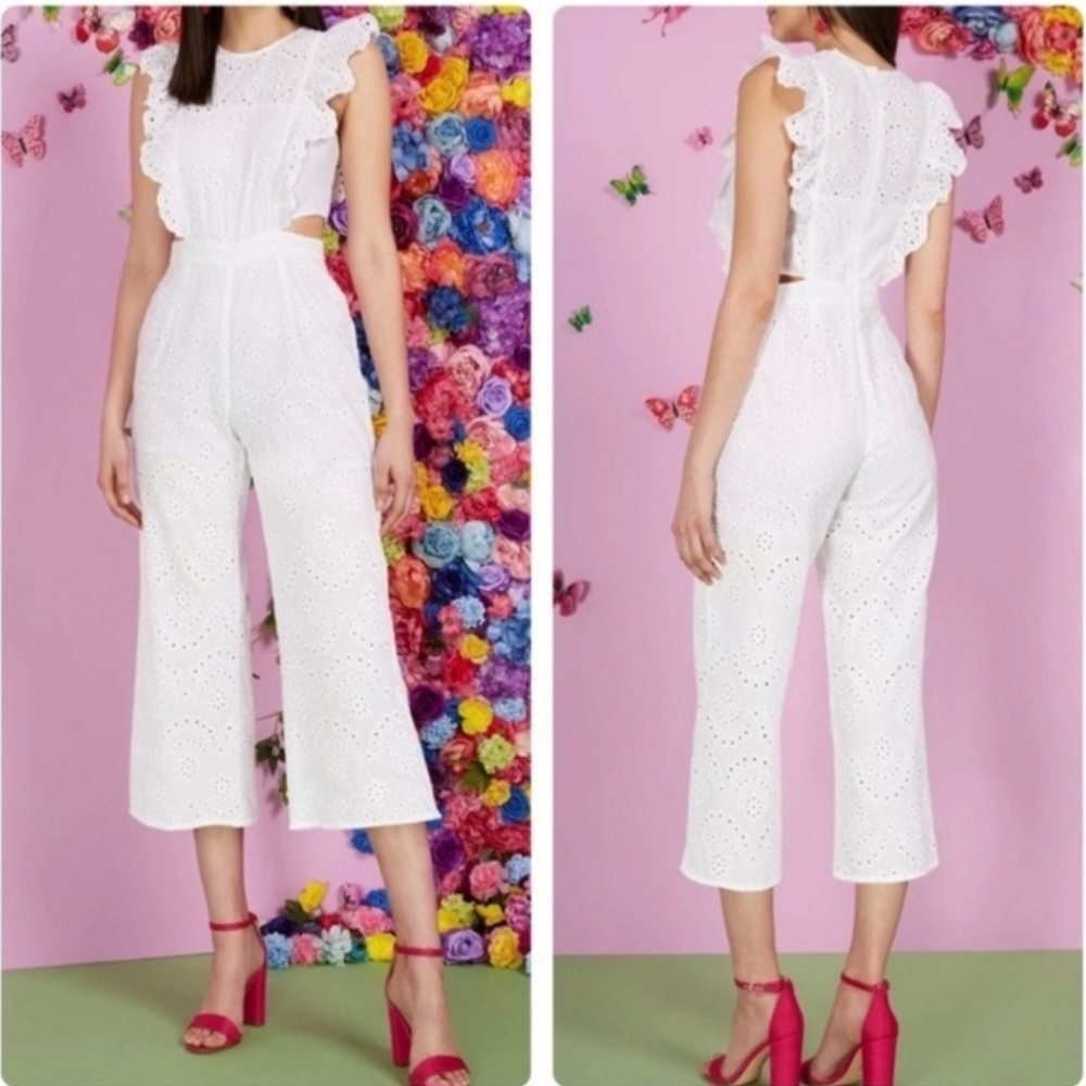 New York & Company White Eyelet Ruffle Strap Cropped Jumpsuit